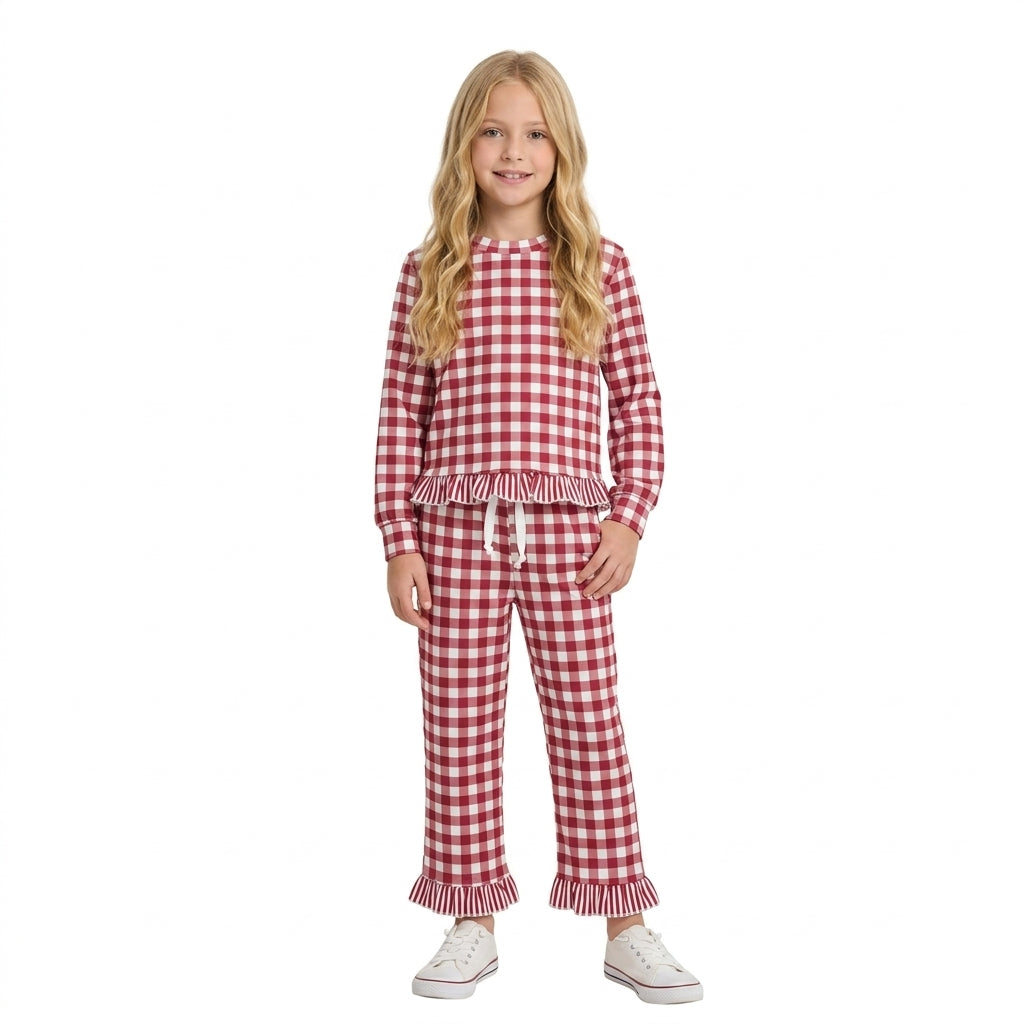 GLP3675  Maroon Gingham Long Sleeve Top Pockets Ruffle Pant Girls Clothes Set