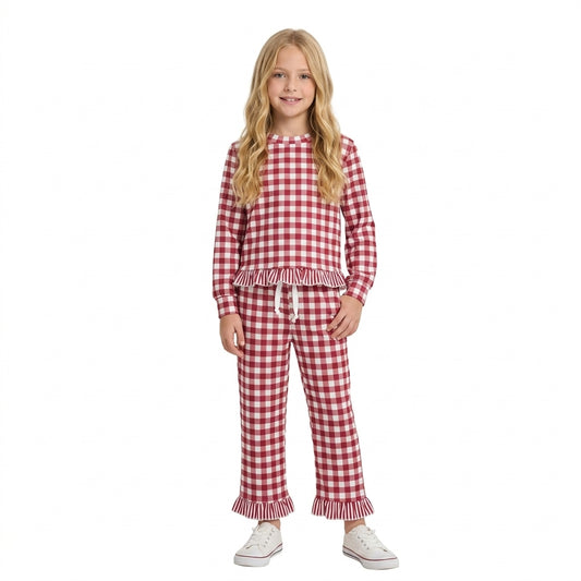 GLP3675  Maroon Gingham Long Sleeve Top Pockets Ruffle Pant Girls Clothes Set