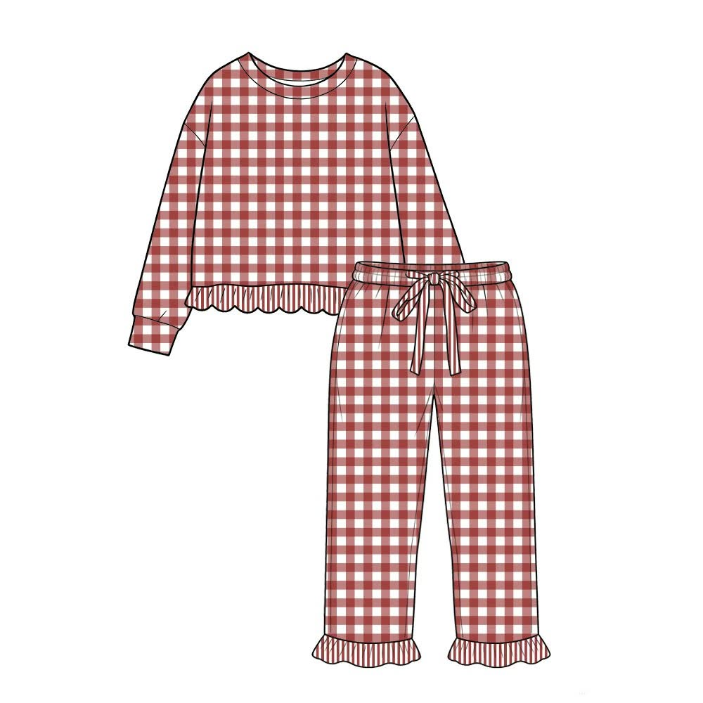 8.10 Preorder Kids Girls Maroon Gingham Long Sleeve Pajama Set