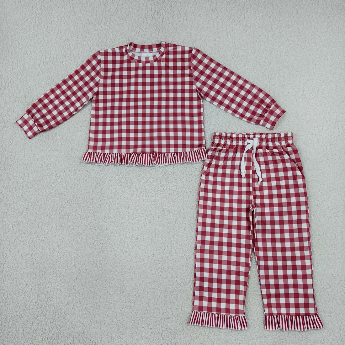 Sibling Kids Girls Gingham Long Sleeve Top with Pants Outfit with Ruffle