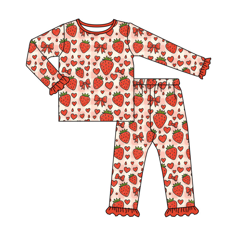 8.12 GLP3684 Preorder Strawberry Bows Hearts Print Girls Valentine's Day Pajamas Clothes Set