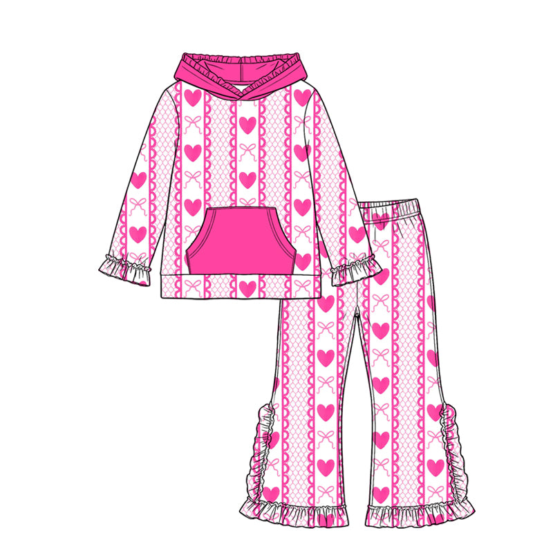 8.12 GLP3685 Preorder Hearts Bows Pink Hoodie Top Ruffle Pants Girls Valentine's Day Clothes Set