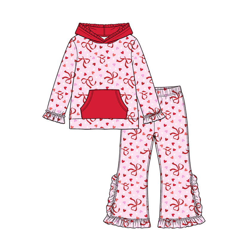 8.12 GLP3686 Preorder Hearts Bows Red Hoodie Top Ruffle Pants Girls Valentine's Day Clothes Set