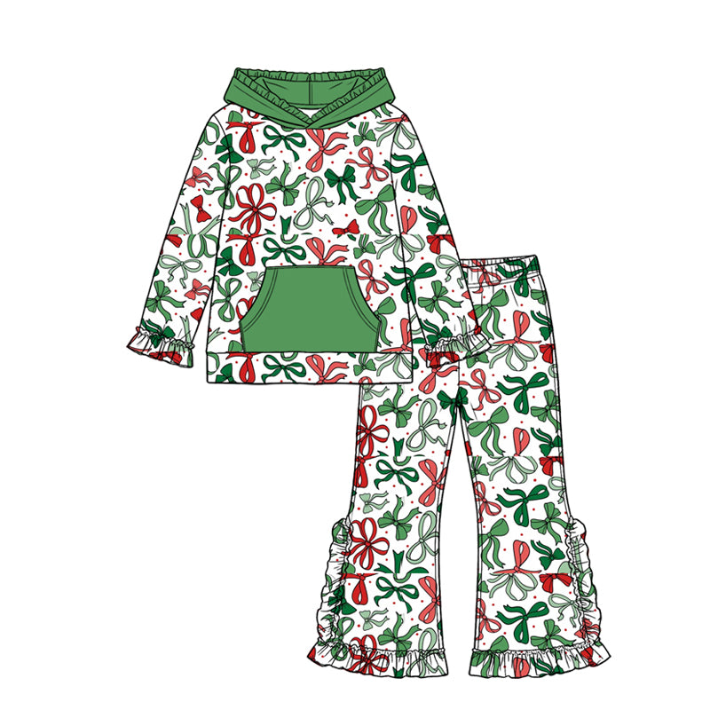 8.12 GLP3687 Preorder Red Green Bows Hoodie Top Ruffle Pants Girls Christmas Clothes Set
