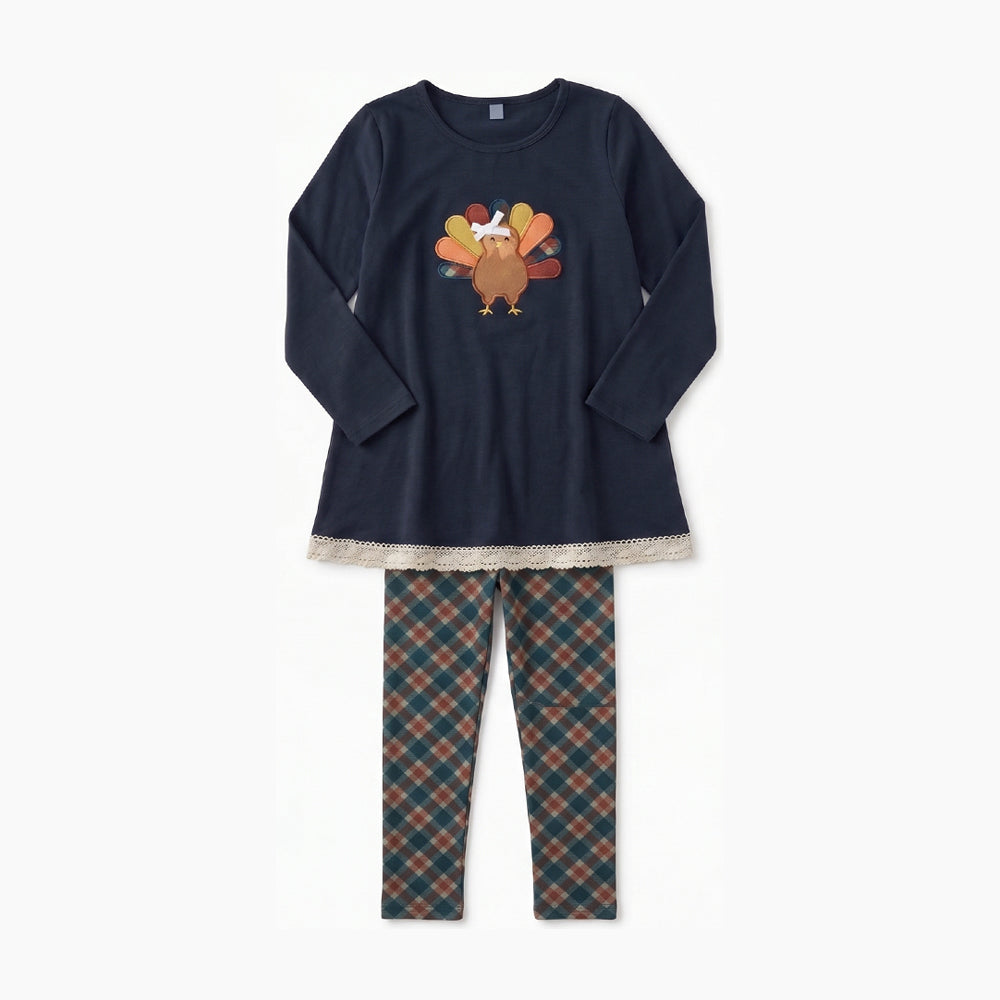 8.12 GLP3688 Preorder Turkey Navy Tunic Top Checkered Legging Pants Girls Thanksgiving Clothes Set