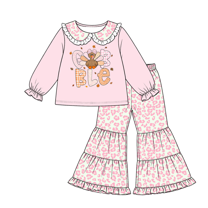 8.12 GLP3689 Preorder Gobble Turkey Pink Top Leopard Bell Pants Girls Thanksgiving Clothes Set