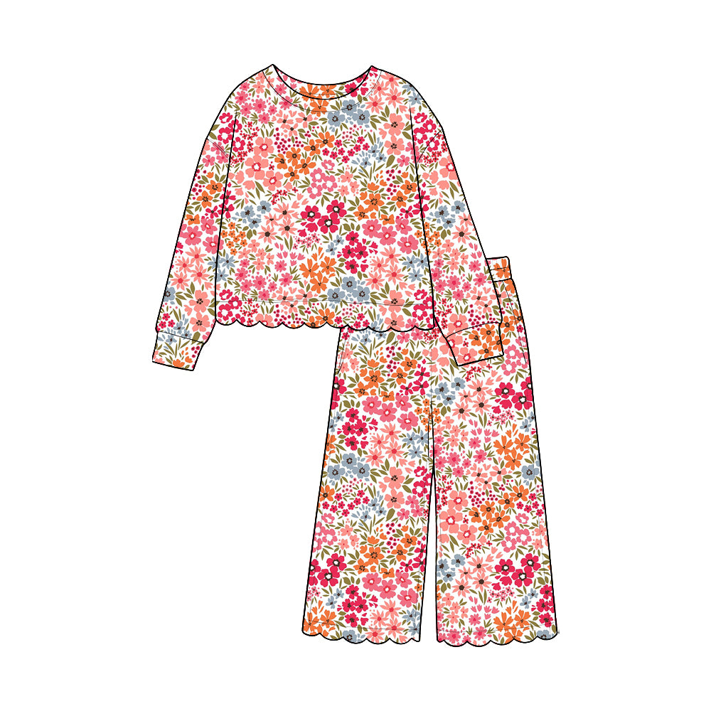8.13 GLP3691 Preorder Colorful Small Flowers Print Girls Fall Scallop Edge Clothes Set
