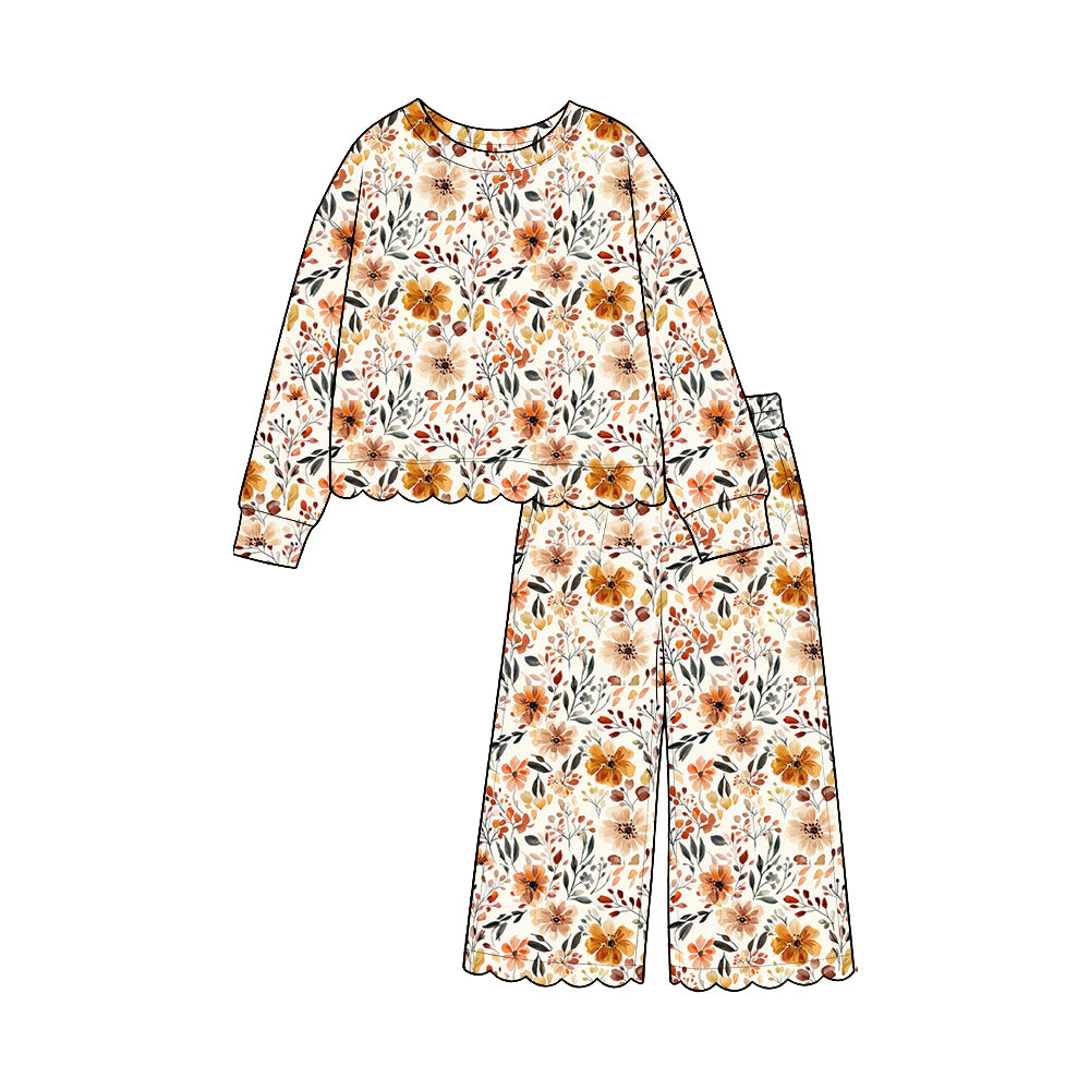 8.13 GLP3692 Preorder Mustard Flowers Print Girls Fall Scallop Edge Clothes Set