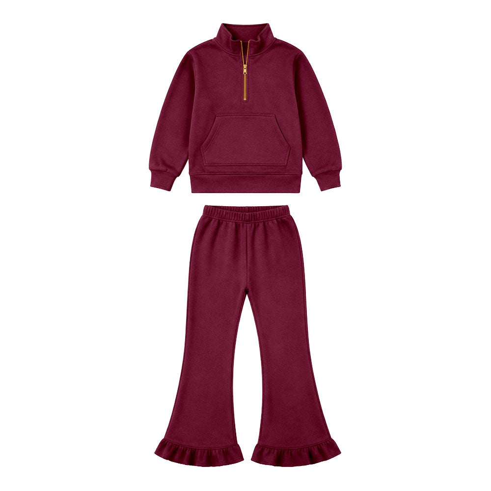 8.13 GLP3695 Preorder Kids Girls Maroon Sweatshirt & Ruffle Flare Pants Set