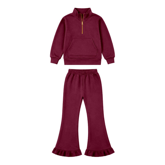 8.13 GLP3695 Preorder Kids Girls Maroon Sweatshirt & Ruffle Flare Pants Set