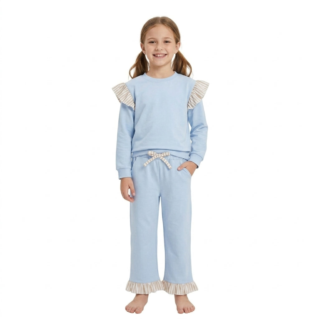 GLP3696 Girls Light Blue Flutter Sleeve Top with Ruffle Pants Outfit