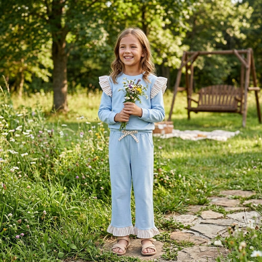 GLP3696 Girls Light Blue Flutter Sleeve Top with Ruffle Pants Outfit