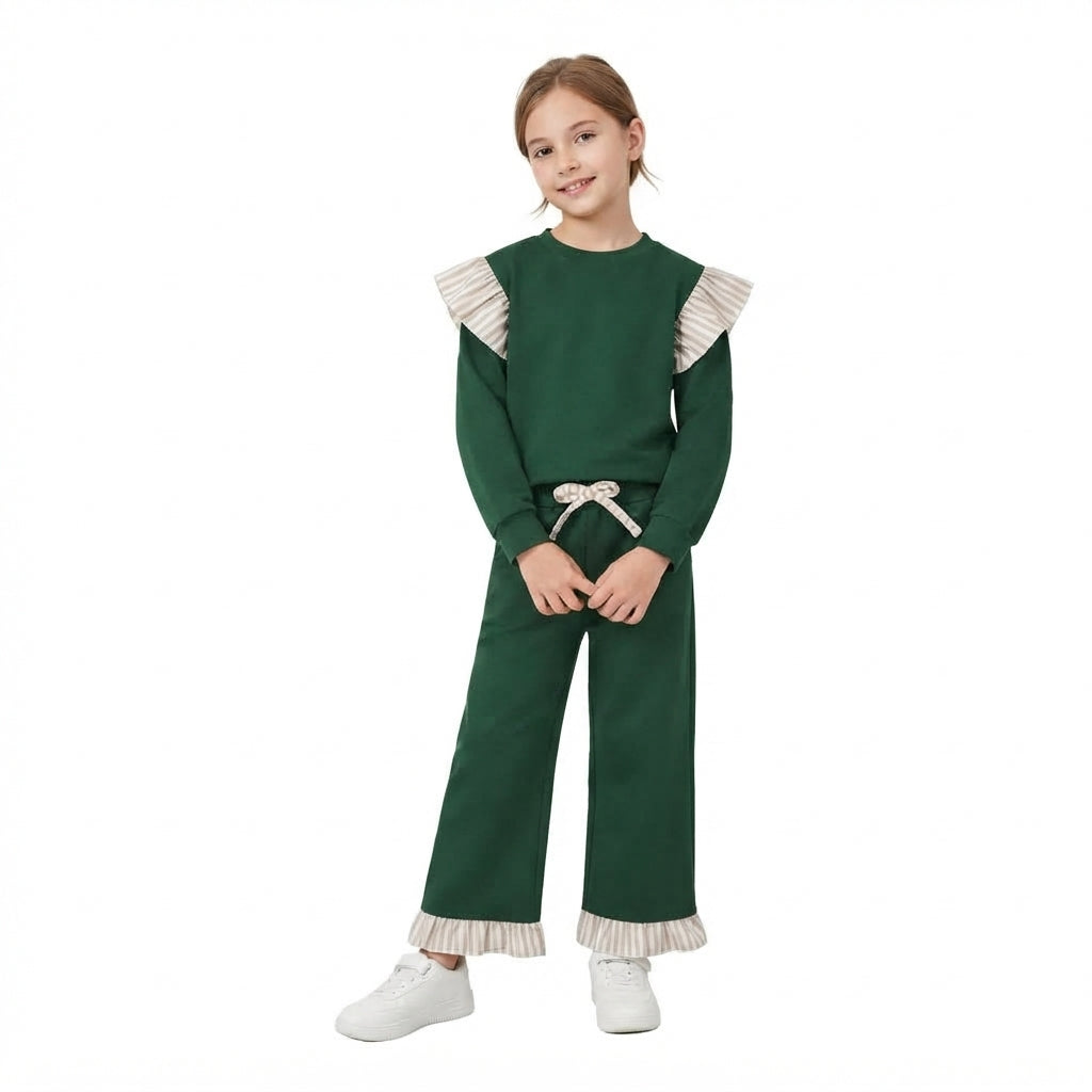 GLP3698 Girls Green Flutter Sleeve Top with Ruffle Pants Outfit