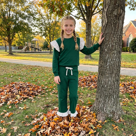 GLP3698 Girls Green Flutter Sleeve Top with Ruffle Pants Outfit