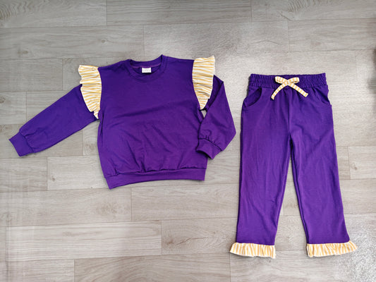 8.14 GLP3699 Preorder Kids Girls Purple Flutter Sleeve Top with Ruffle Pants Outfit