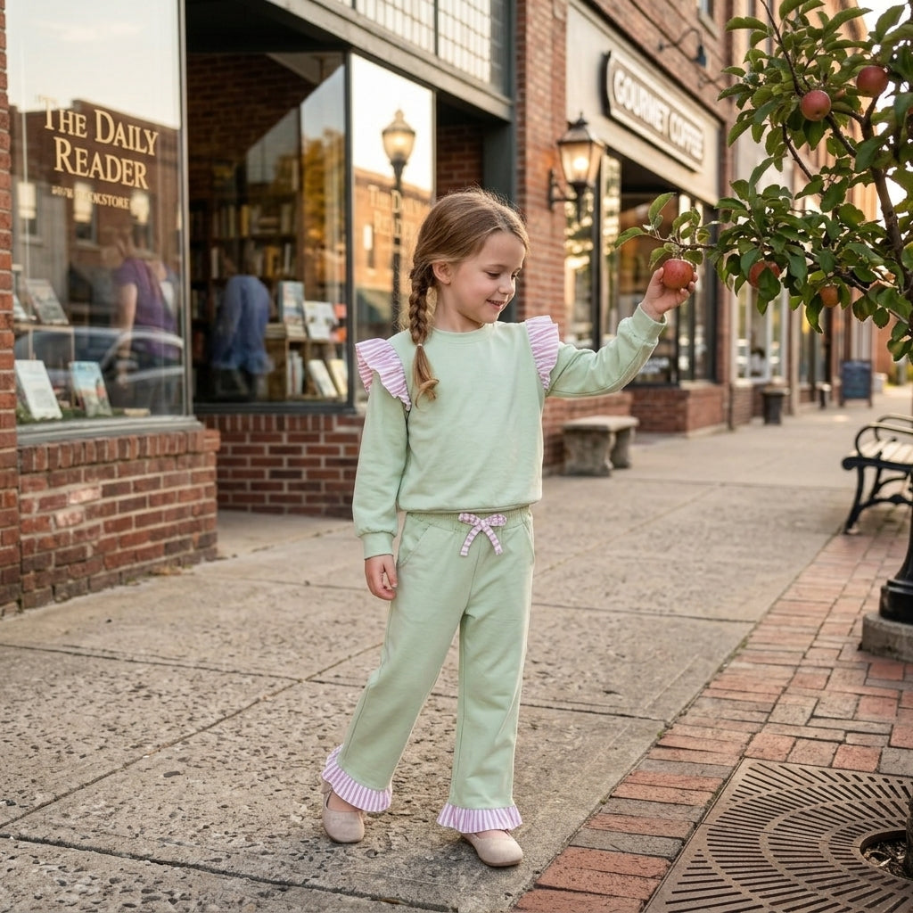 GLP3700 Girls Light Green Flutter Sleeve Top with Ruffle Pants Outfit