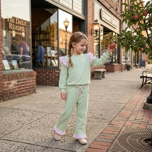GLP3700 Girls Light Green Flutter Sleeve Top with Ruffle Pants Outfit