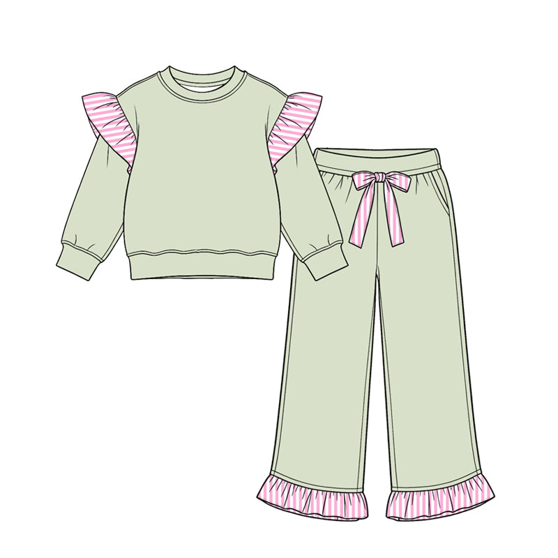 8.14 GLP3697 Preorder Kids Girls Light Green Flutter Sleeve Top with Ruffle Pants Outfit