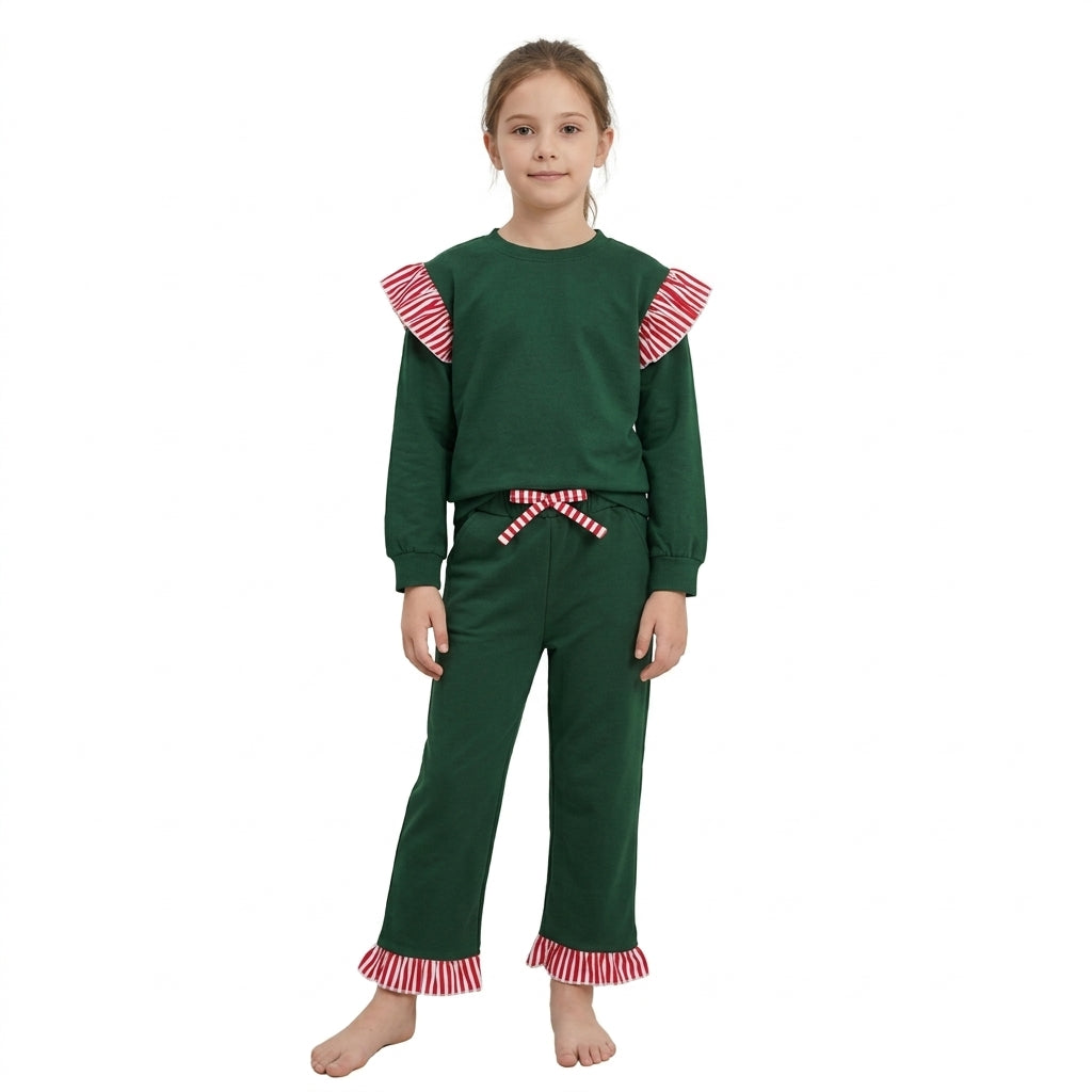 GLP3703  Girls Green Flutter Sleeve Top with Ruffle Pants Christmas Outfits