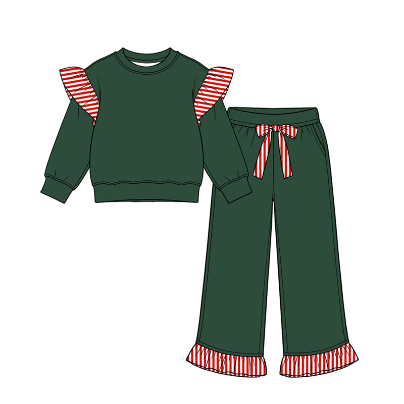 8.15 GLP3702 Preorder Kids Girls Christmas Green Red Striped Flutter Sleeve Top with Ruffle Pants Outfit