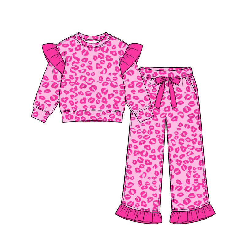 8.15 GLP3704 Preorder Leopard Pink Print Long Sleeve Top Pockets Pants Girls Clothes Set