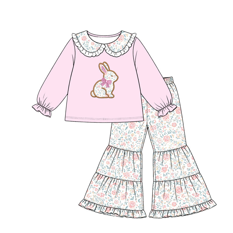 8.15 GLP3705 Preorder Bunny Pink Top Flowers Bell Pants Girls Easter Clothes Set