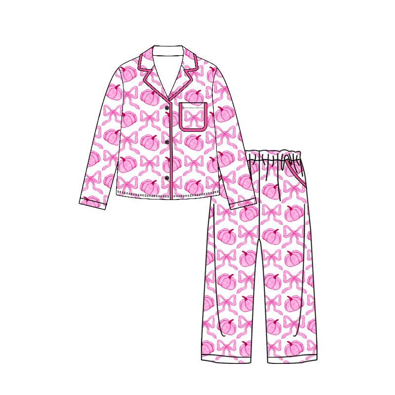 8.15 GLP3707 Preorder Pumpkin Bows Pink Print Girls Fall Buttons Pajamas Clothes Set