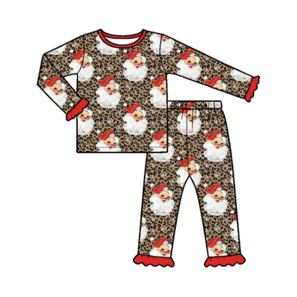 8.15 GLP3708 Preorder Santa Leopard Print Girls Christmas Pajamas Clothes Set