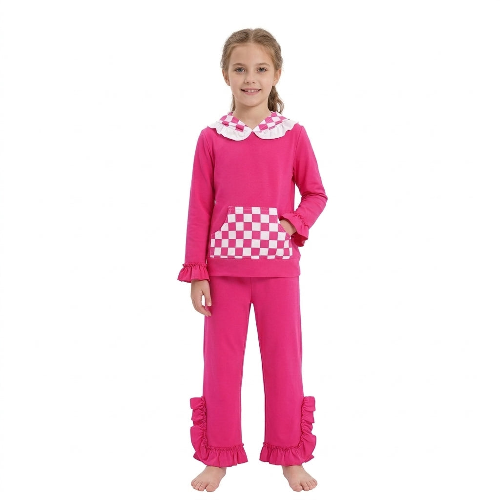 GLP3709 Girls Hot Pink Ruffle Flare Pants Set Checkerboard Hoodie 2‑Piece Outfit