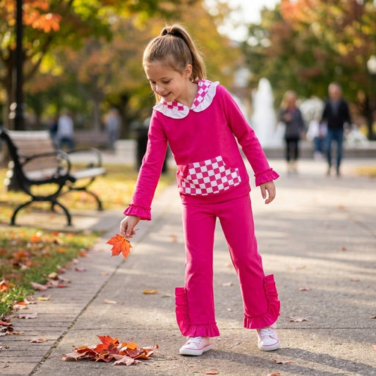 GLP3709 Girls Hot Pink Ruffle Flare Pants Set Checkerboard Hoodie 2‑Piece Outfit