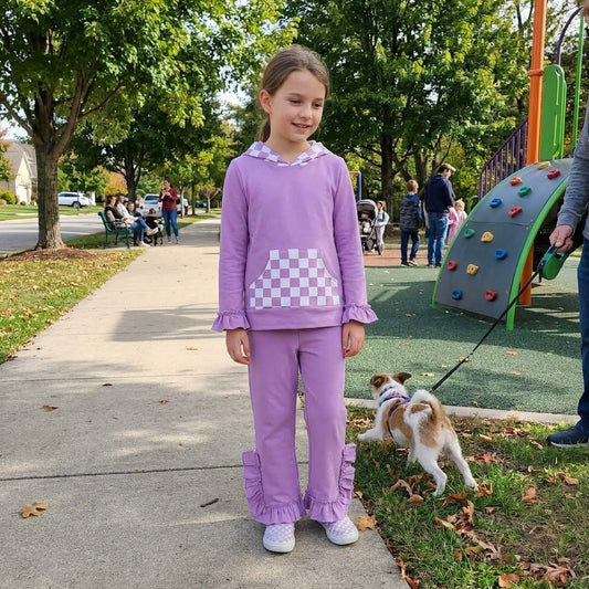 GLP3710 Checkered Purple Pocket Hoodie Top Ruffle Pants Girls Clothes Set