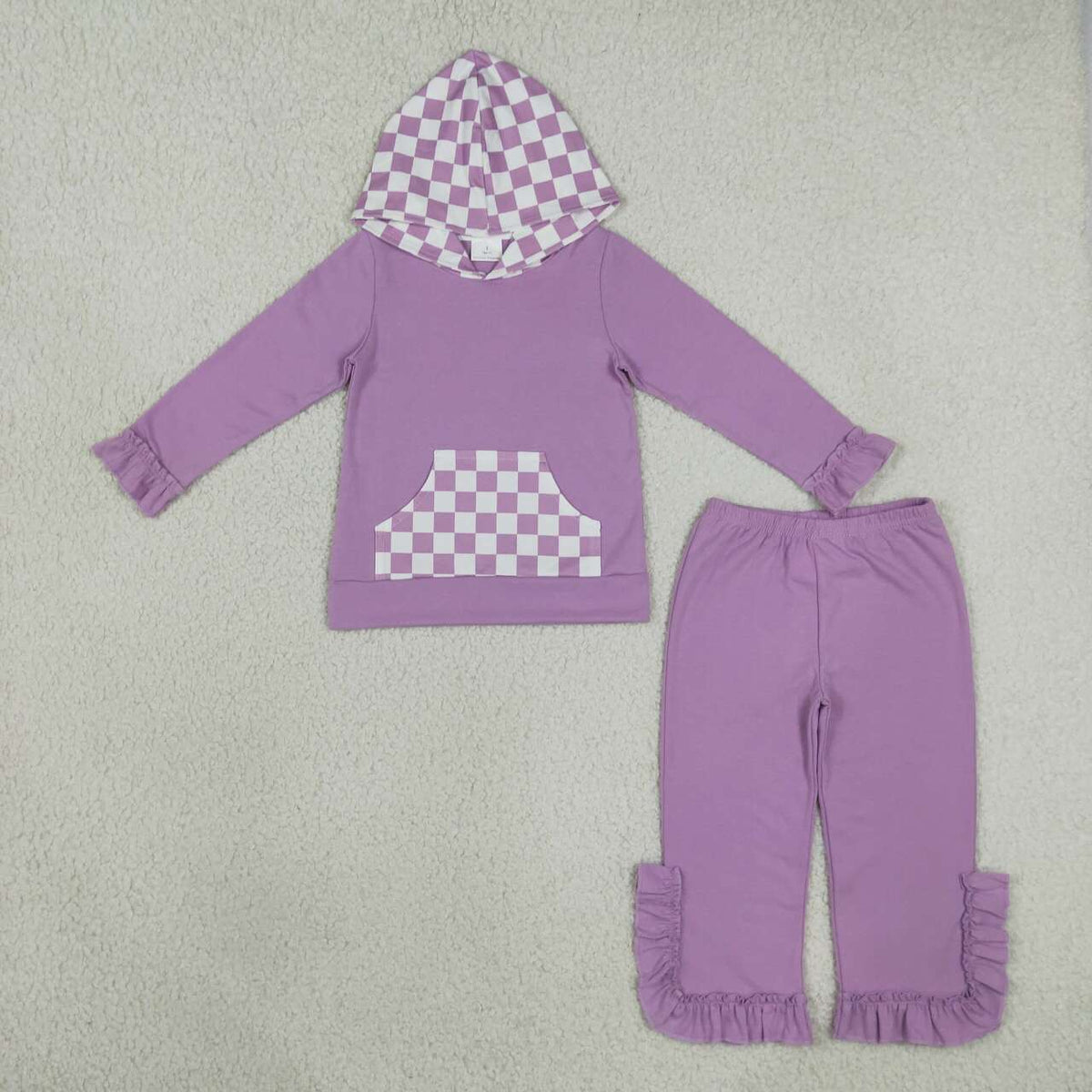 GLP3710 Checkered Purple Pocket Hoodie Top Ruffle Pants Girls Clothes Set