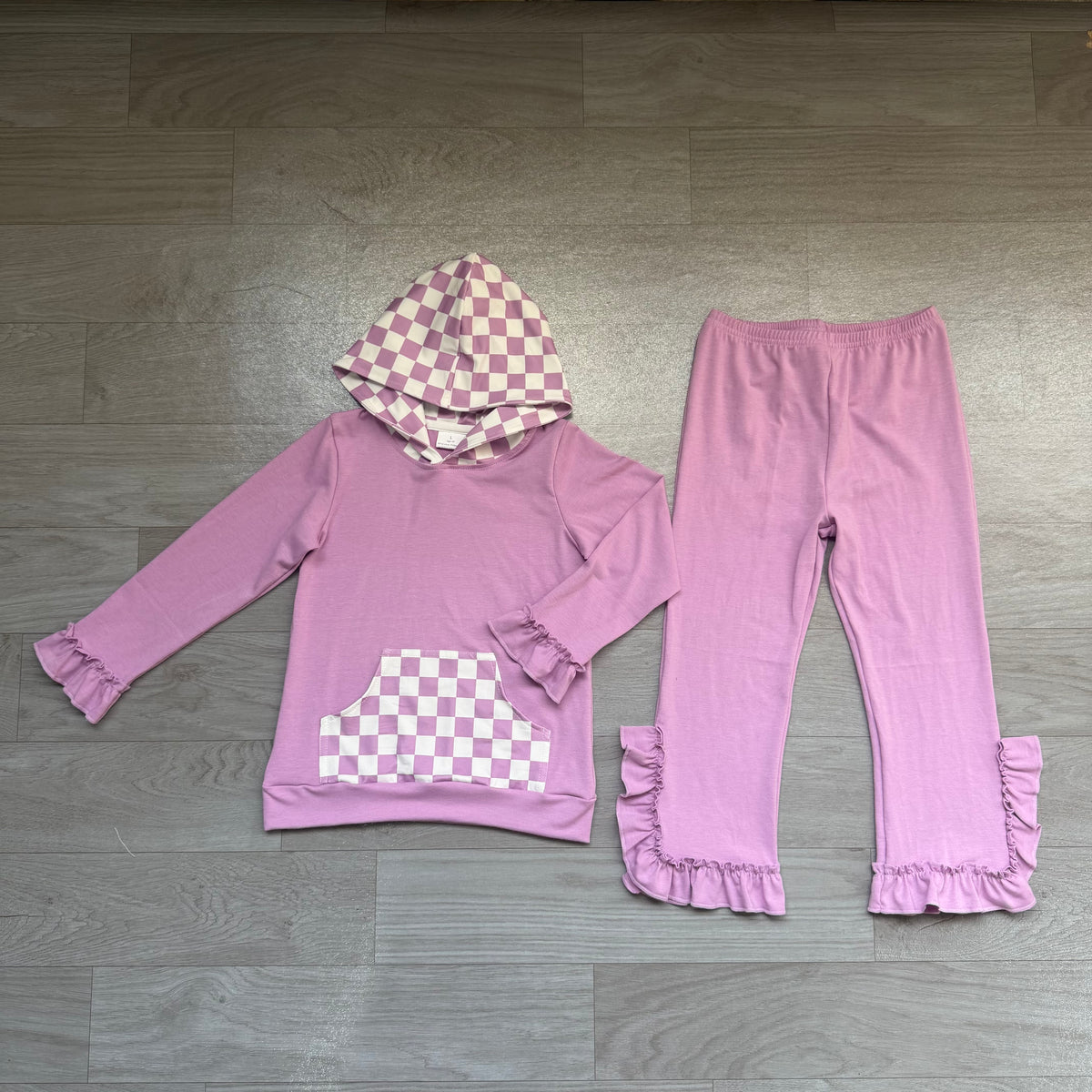 8.19 Preorder GLP3710 Girls Purple Ruffle Flare Pants Set Checkerboard Hoodie 2‑Piece Outfit