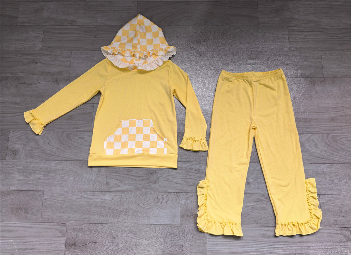 8.19 Preorder GLP3711 Girls Purple Yellow Pants Set Checkerboard Hoodie 2‑Piece Outfit
