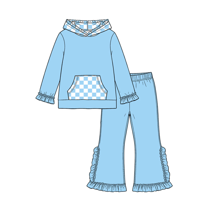 8.19 Preorder GLP3711 Girls Blue Pants Set Checkerboard Hoodie 2‑Piece Outfit