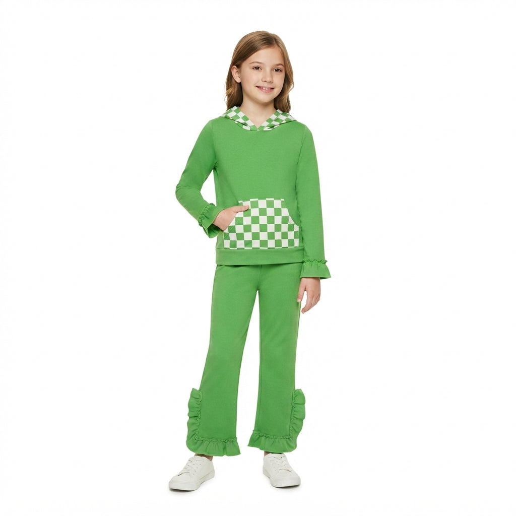 GLP3714 Girls Green Checked Pocket Long Sleeve Hoodie Top
