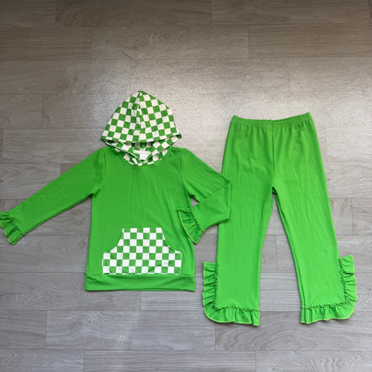 8.19 Preorder GLP3714 Girls Green Pants Set Checkerboard Hoodie 2‑Piece Outfit