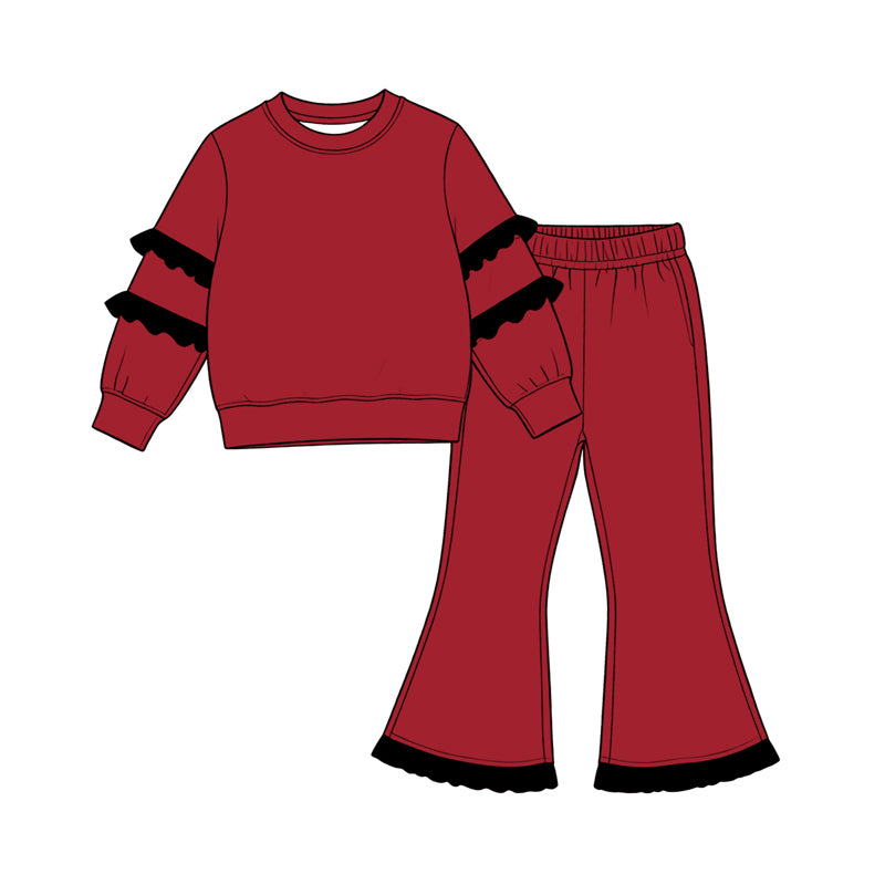 8.19 Preorder Girls Burgundy Double Black Ruffle Sweatshirt Flare Pants 2‑Piece Matching Set