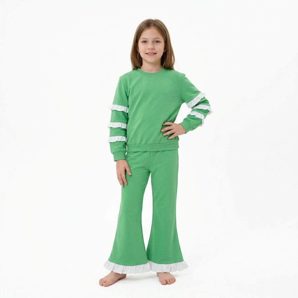 GLP3717 Green Double White Ruffle Sweatshirt Flare Pants Girls 2‑Piece Cotton Clothes Set
