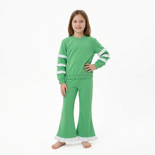 GLP3717 Green Double White Ruffle Sweatshirt Flare Pants Girls 2‑Piece Cotton Clothes Set
