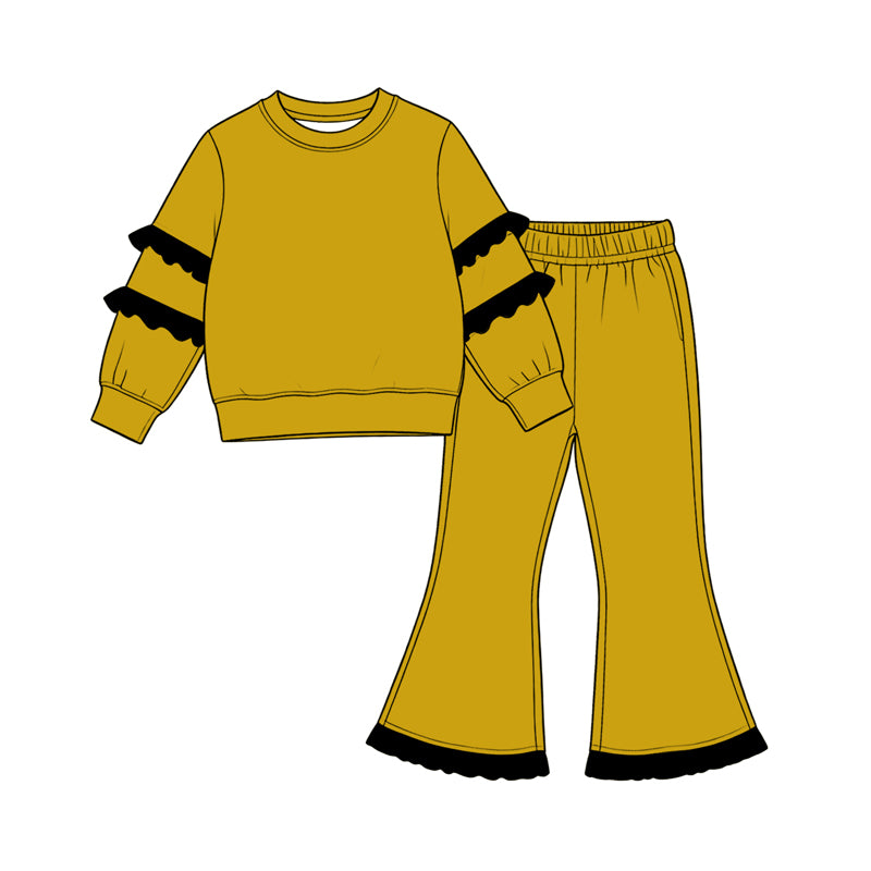 8.19 Preorder Girls Mustard Double Black Ruffle Sweatshirt Flare Pants 2‑Piece Set
