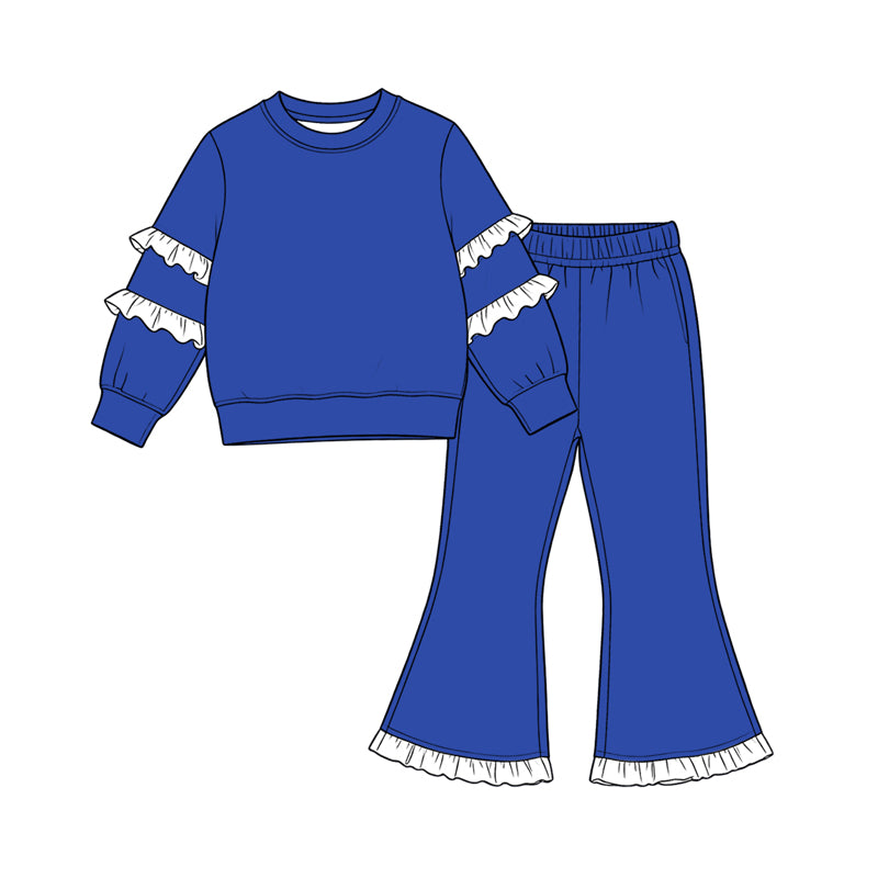 8.19 Preorder Girls Royal Blue Double White Ruffle Sweatshirt Flare Pants 2‑Piece Set