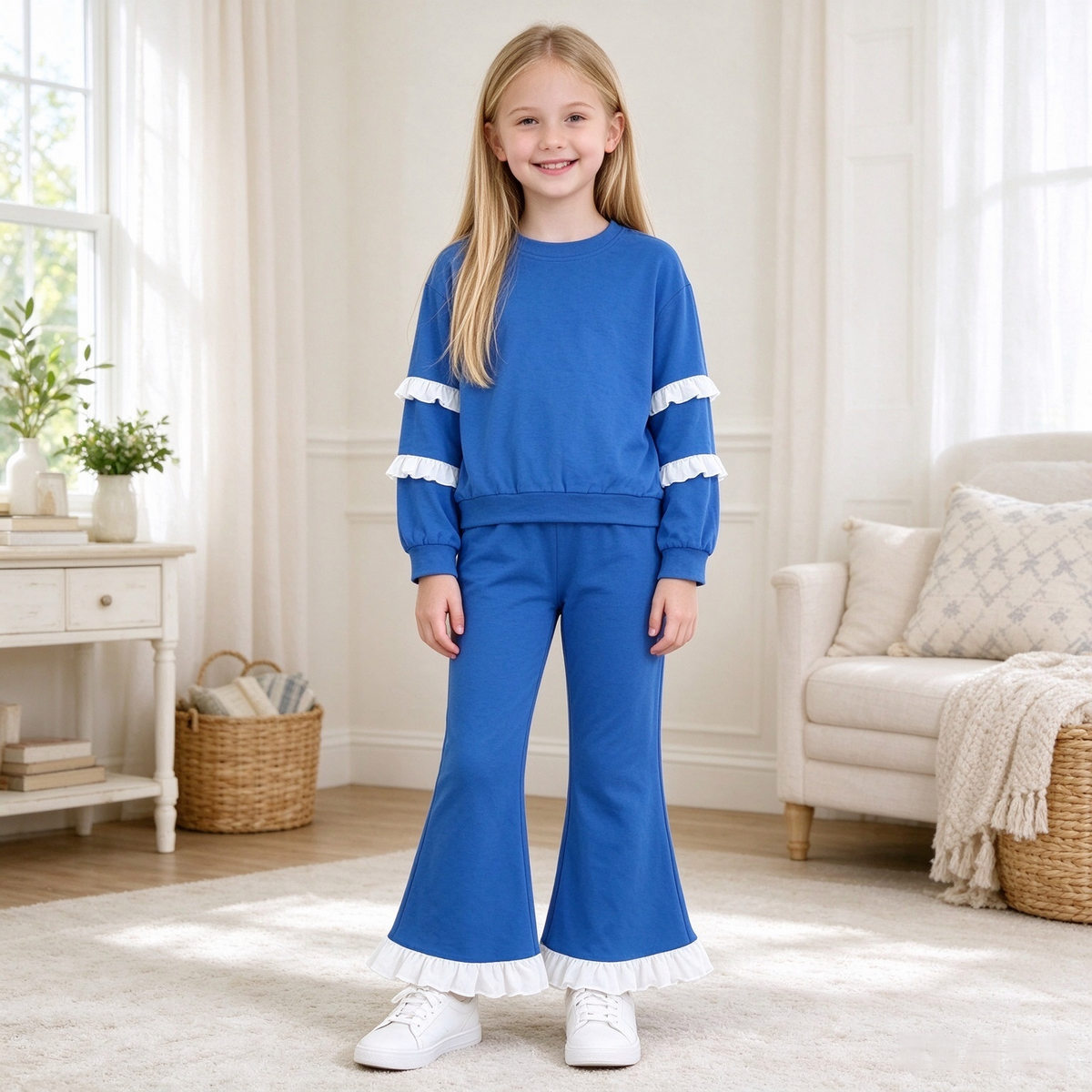 GLP3719 Teams Royal Blue Double White Ruffle Sweatshirt Flare Pants Girls 2‑Piece Cotton Clothes Set