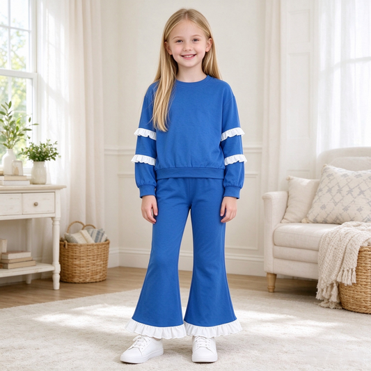 GLP3719 Teams Royal Blue Double White Ruffle Sweatshirt Flare Pants Girls 2‑Piece Cotton Clothes Set