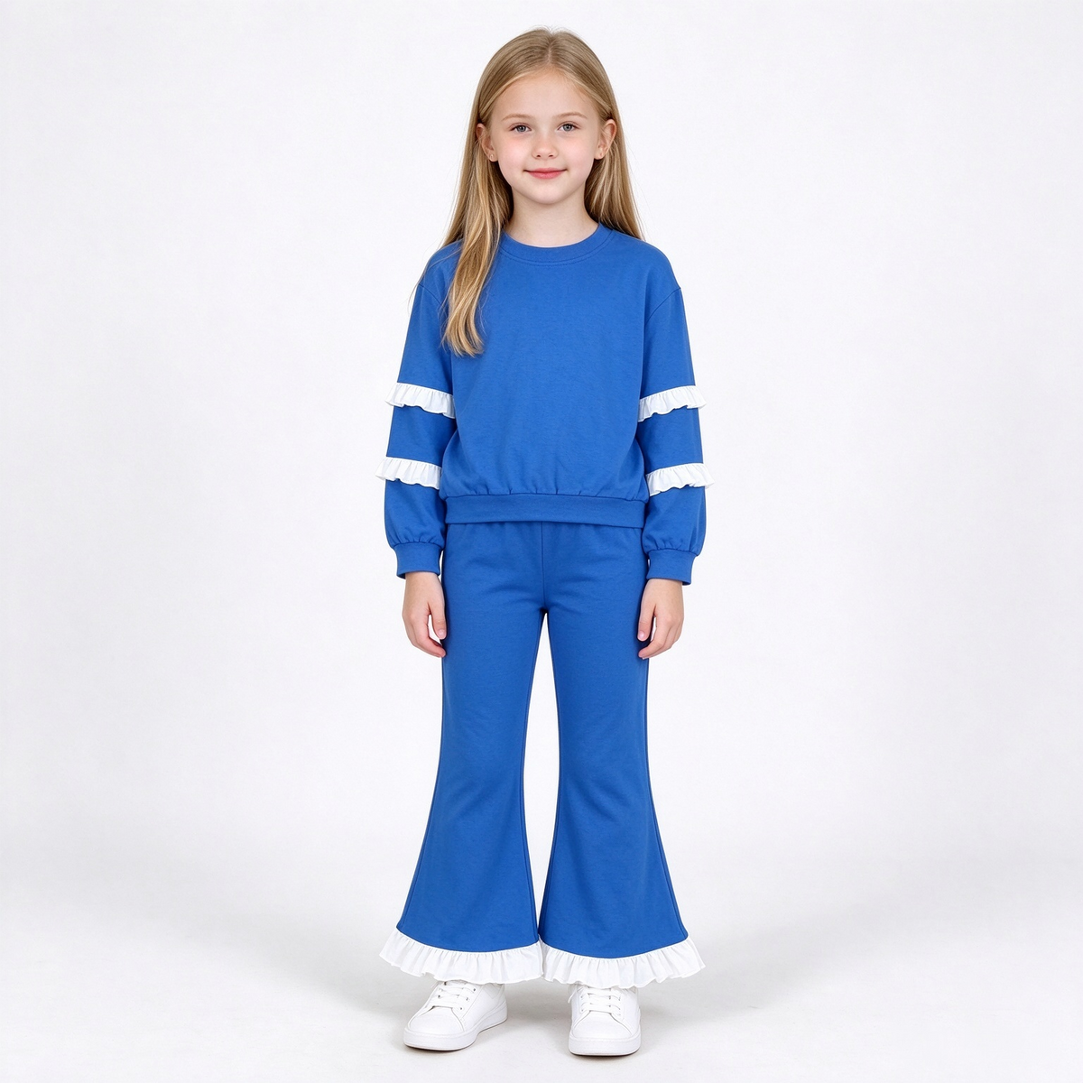 GLP3719 Teams Royal Blue Double White Ruffle Sweatshirt Flare Pants Girls 2‑Piece Cotton Clothes Set