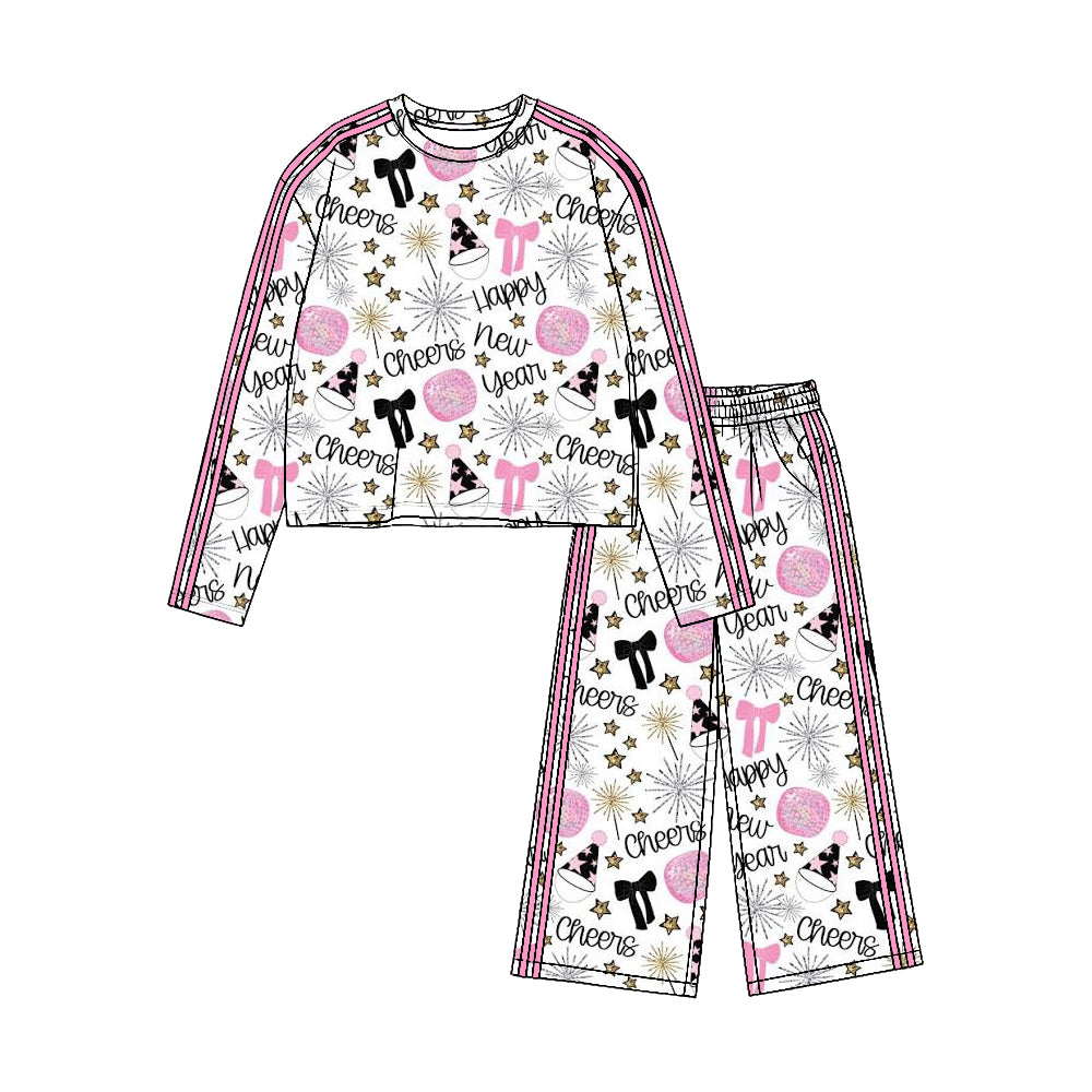 8.19 GLP3724 Preorder Cheers Stars Pink Print Girls Happy New Year Yoga Clothes Set