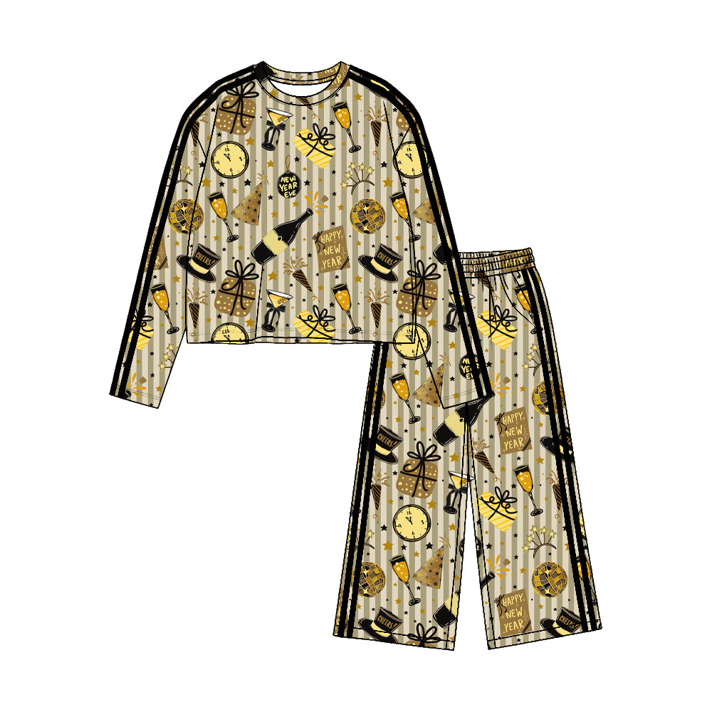 8.19 GLP3728 Preorder Cheers Stars Gold Stripes Print Girls Happy New Year Yoga Clothes Set