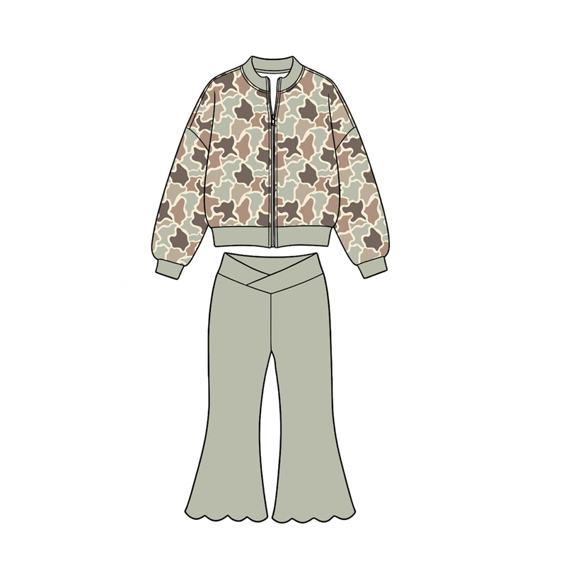8.19 Preorder Girls Camo Zip‑Up Jacket Scalloped Flare Pants 2‑Piece Active Outfit