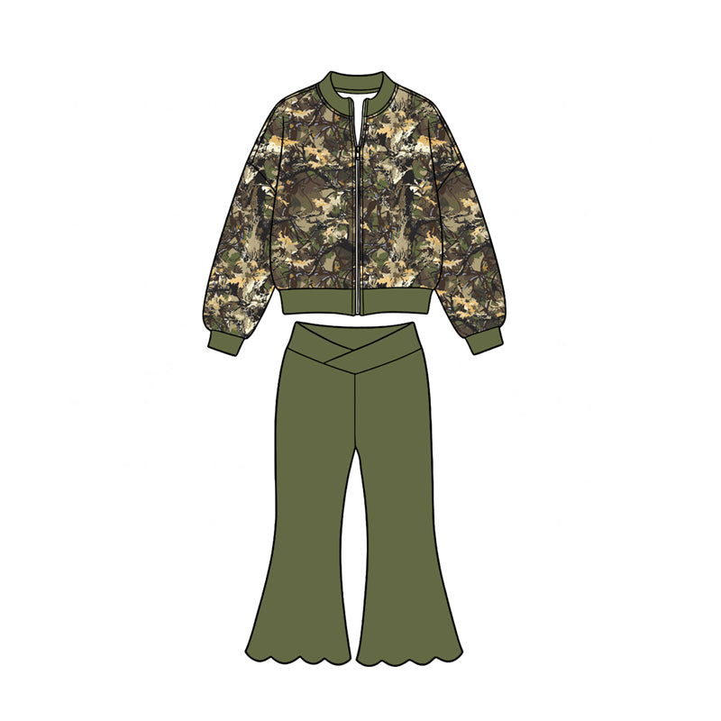 8.19 Preorder Kids Camo Print Zip Jacket Criss‑Cross Waist Scallop Hem Flare Pant Active Outfit