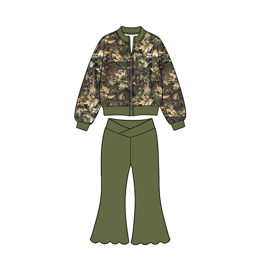 8.19 Preorder Kids Camo Print Zip Jacket Criss‑Cross Waist Scallop Hem Flare Pant Active Outfit